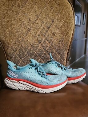 Hoka One One Clifton 8 Blue Red White Lace Up Sneakers Running Shoes